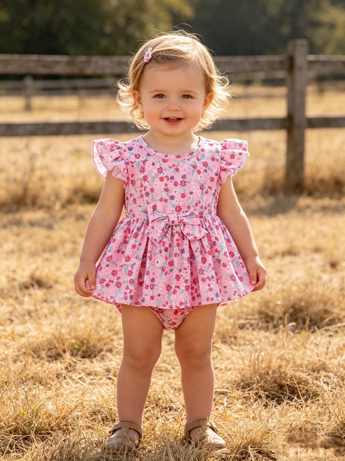Mommy and Me baby girls spring floral print romper front view