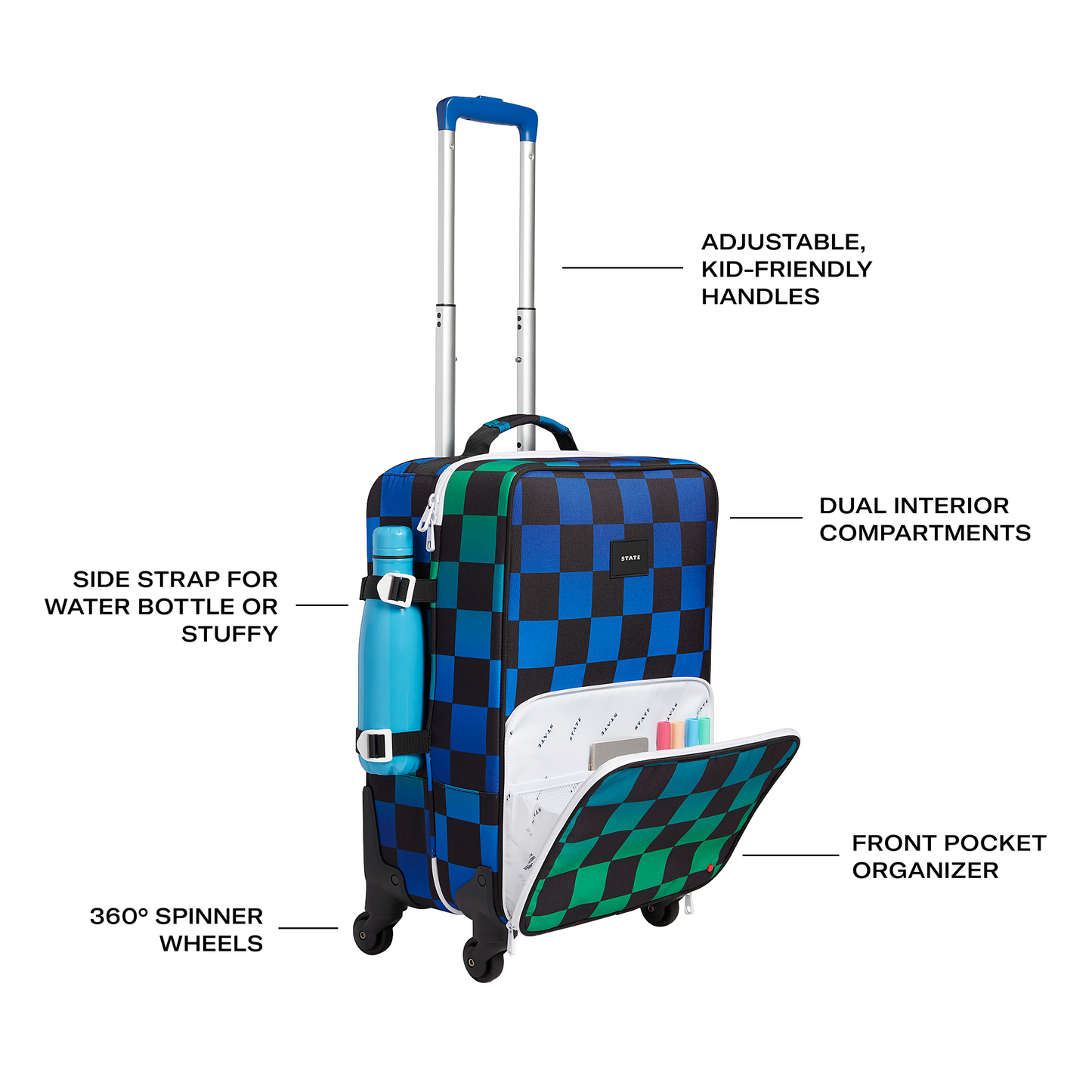 Logan Carry-On Suitcase in Blue Checkerboard, side detail