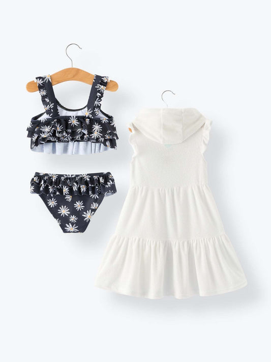 Summer Black Floral Girl Two Piece Swimsuit and Cover-up Set