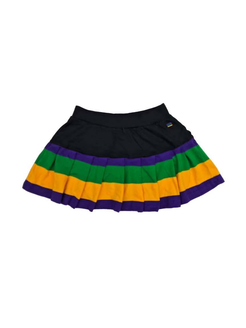 Mardi Gras Creations Junior Pleated Skort in Black with purple, green, and gold stripes.