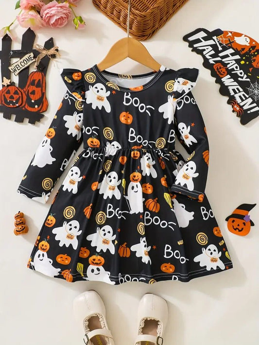 Black long-sleeve kids dress with ghost and pumpkin print and flutter trim for Halloween