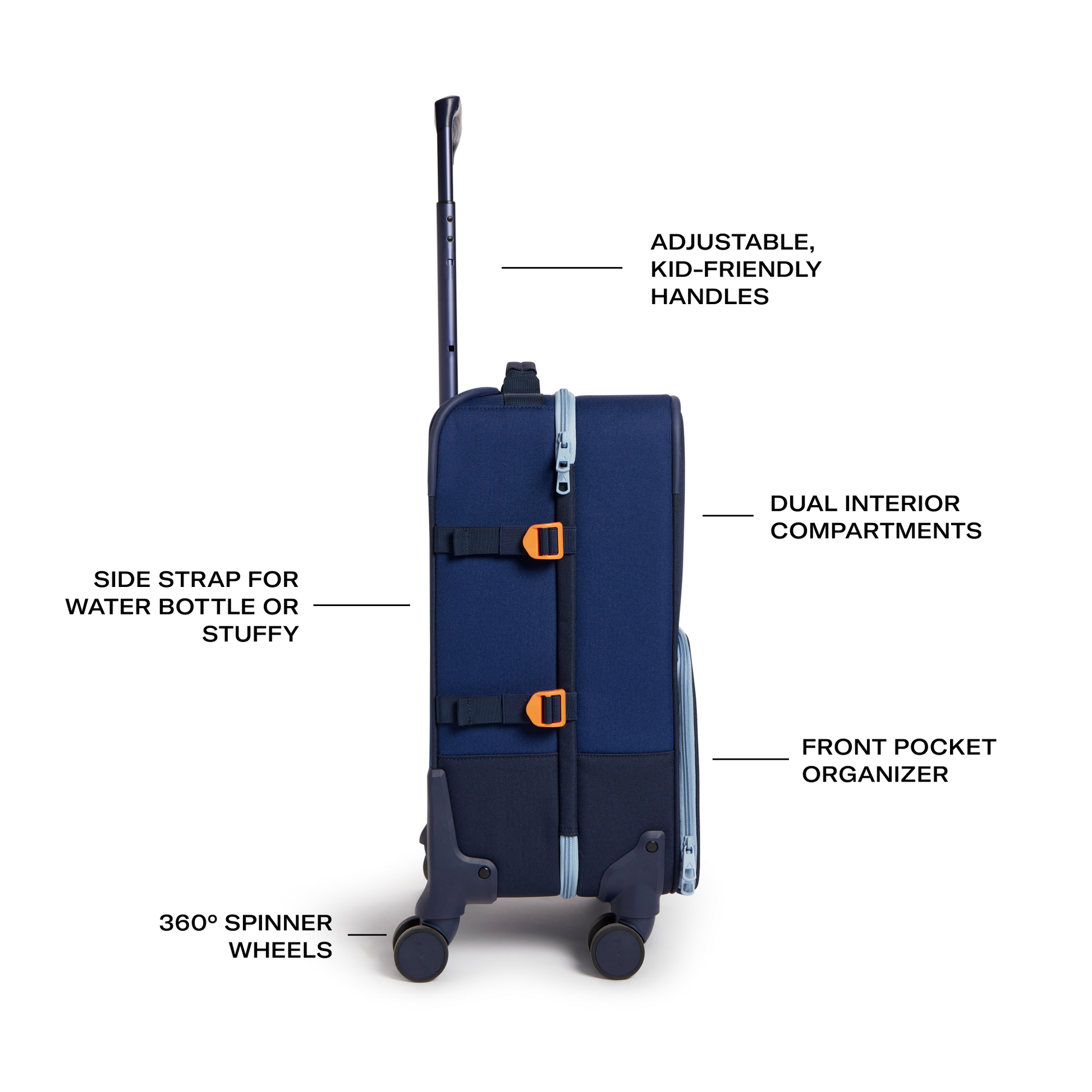 Logan Carry-On Suitcase in Navy, side detail