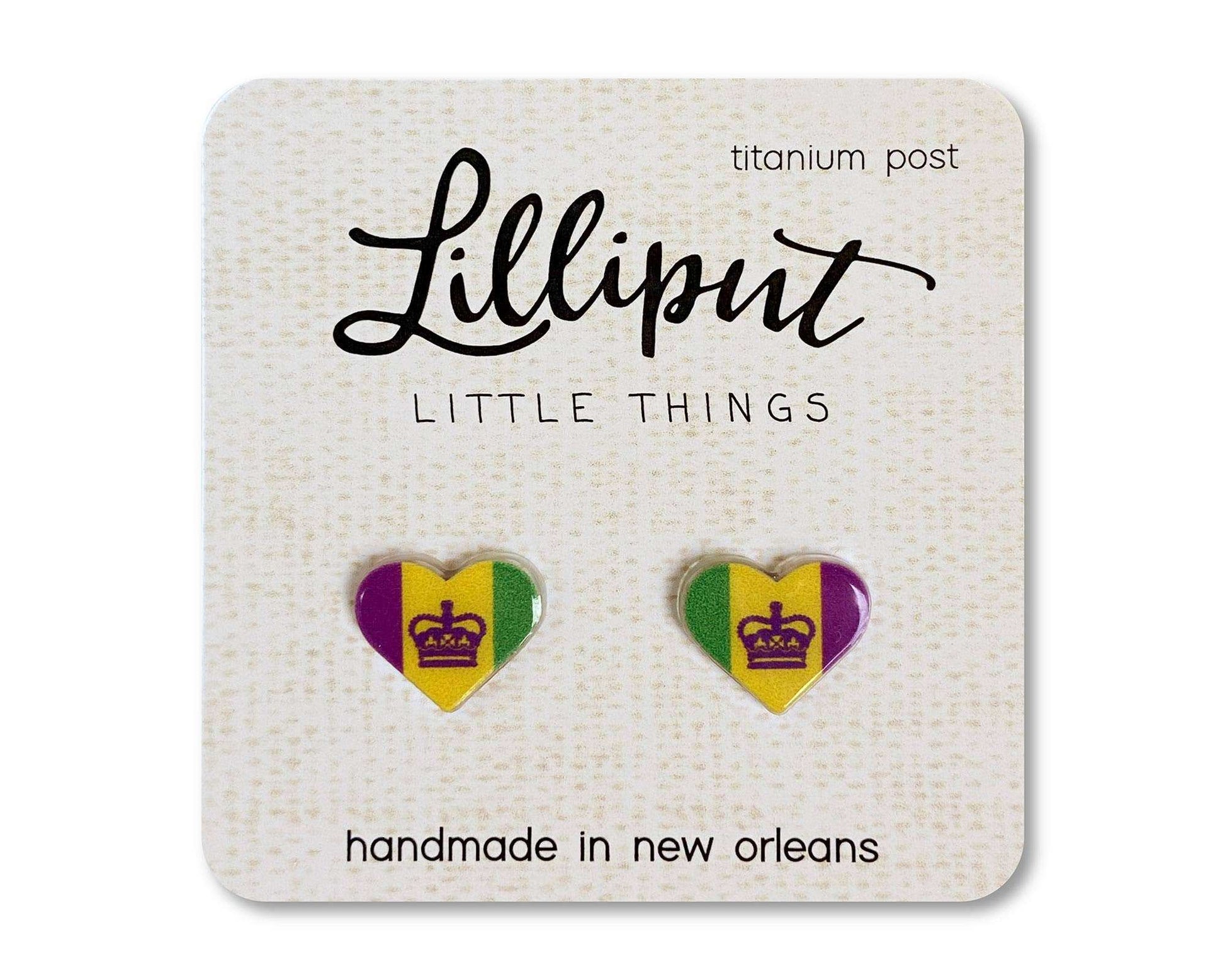 Mardi Gras crown heart earrings with hypoallergenic titanium posts, vibrant and waterproof design by Lilliput Little Things.