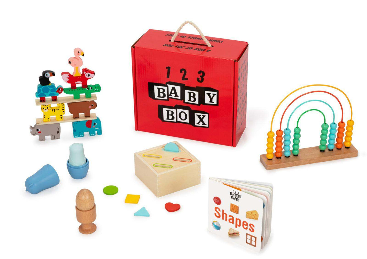 Montessori Educational Box for 9-10 months babies with animal stacker, abacus, play book, egg cup, shape sorter, and nesting dolls in red carrying box