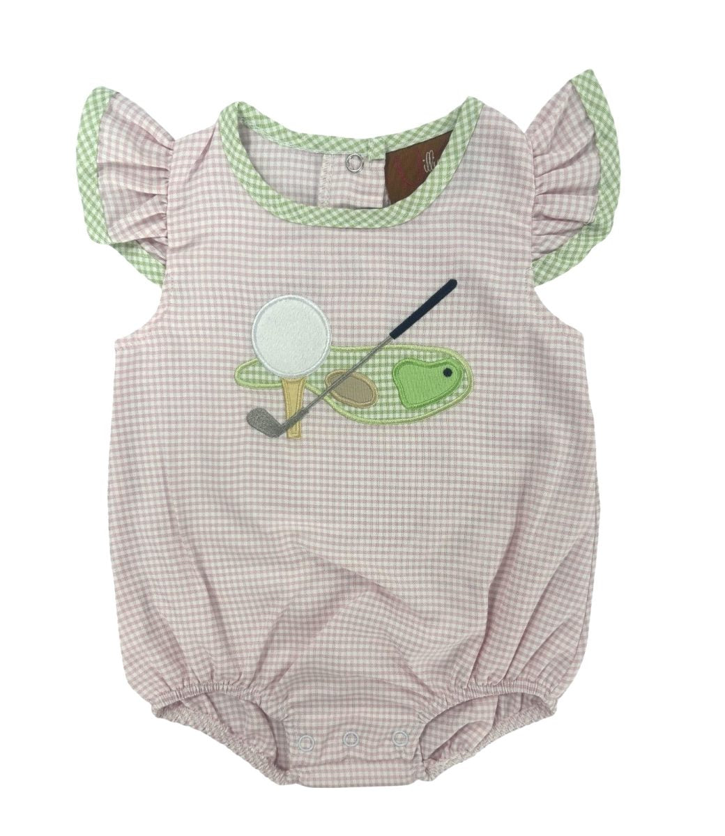 Baby girls pink gingham golf applique bubble front view