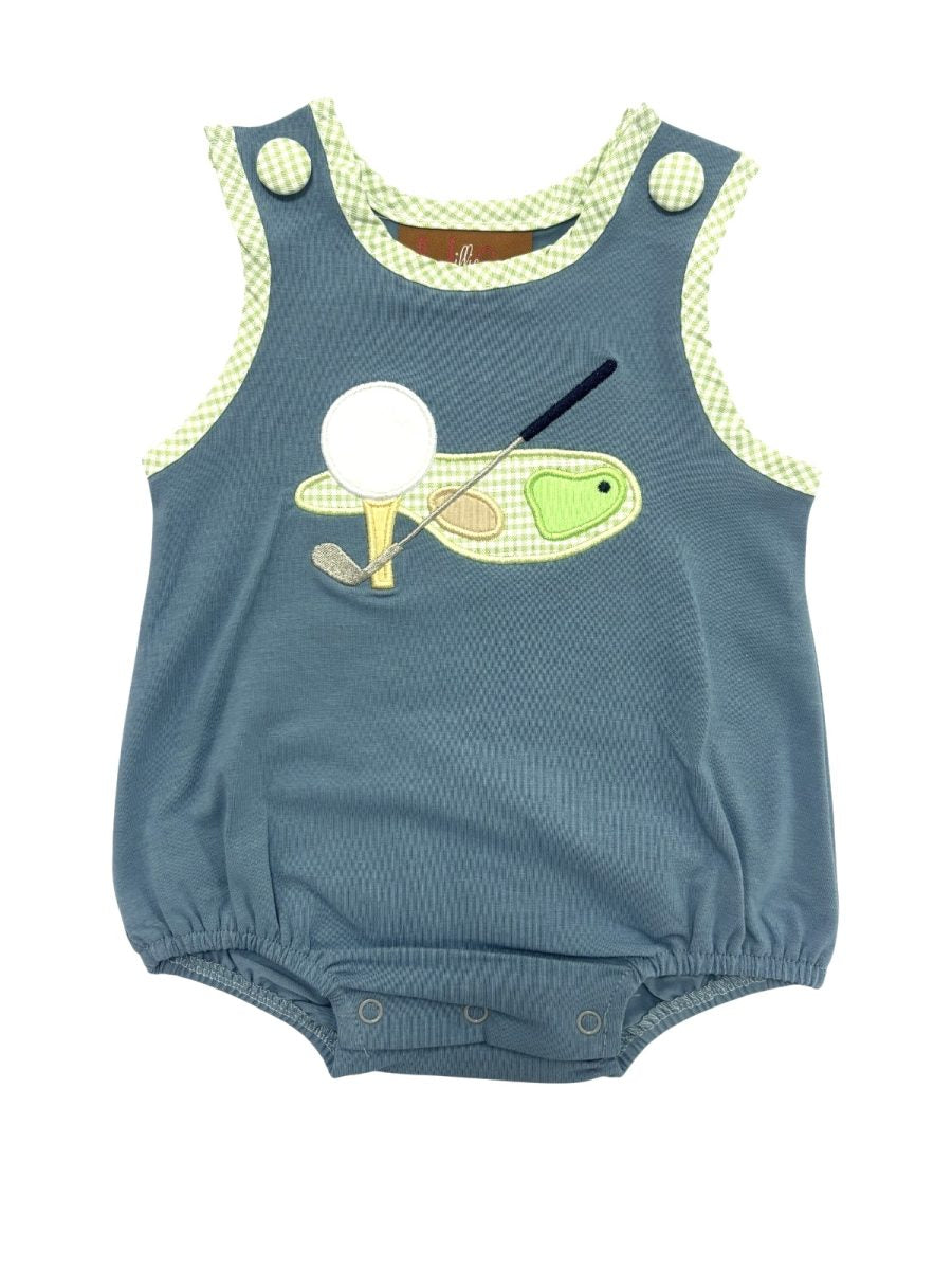 Baby boy blue golf applique bubble front view