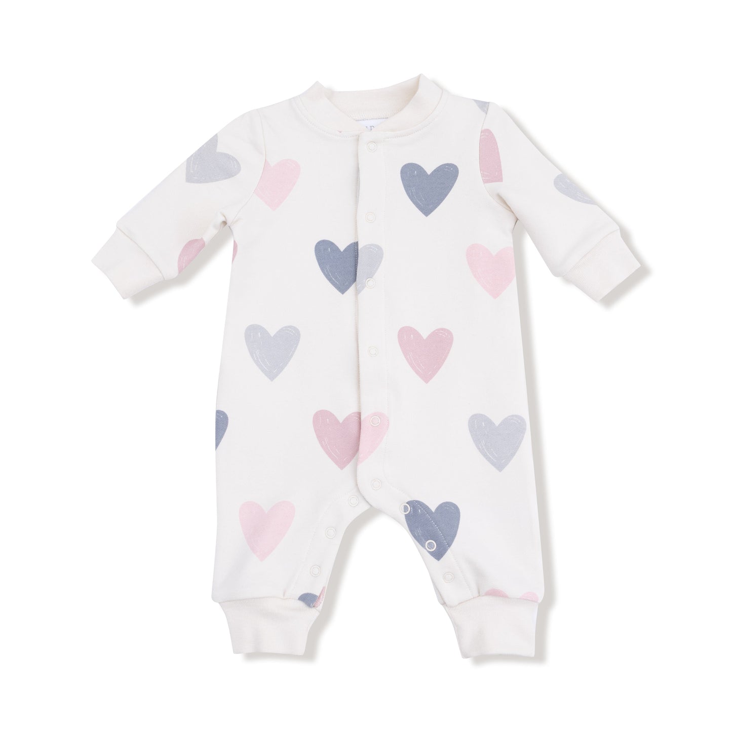 Hearts baseball collar romper with front placket front view