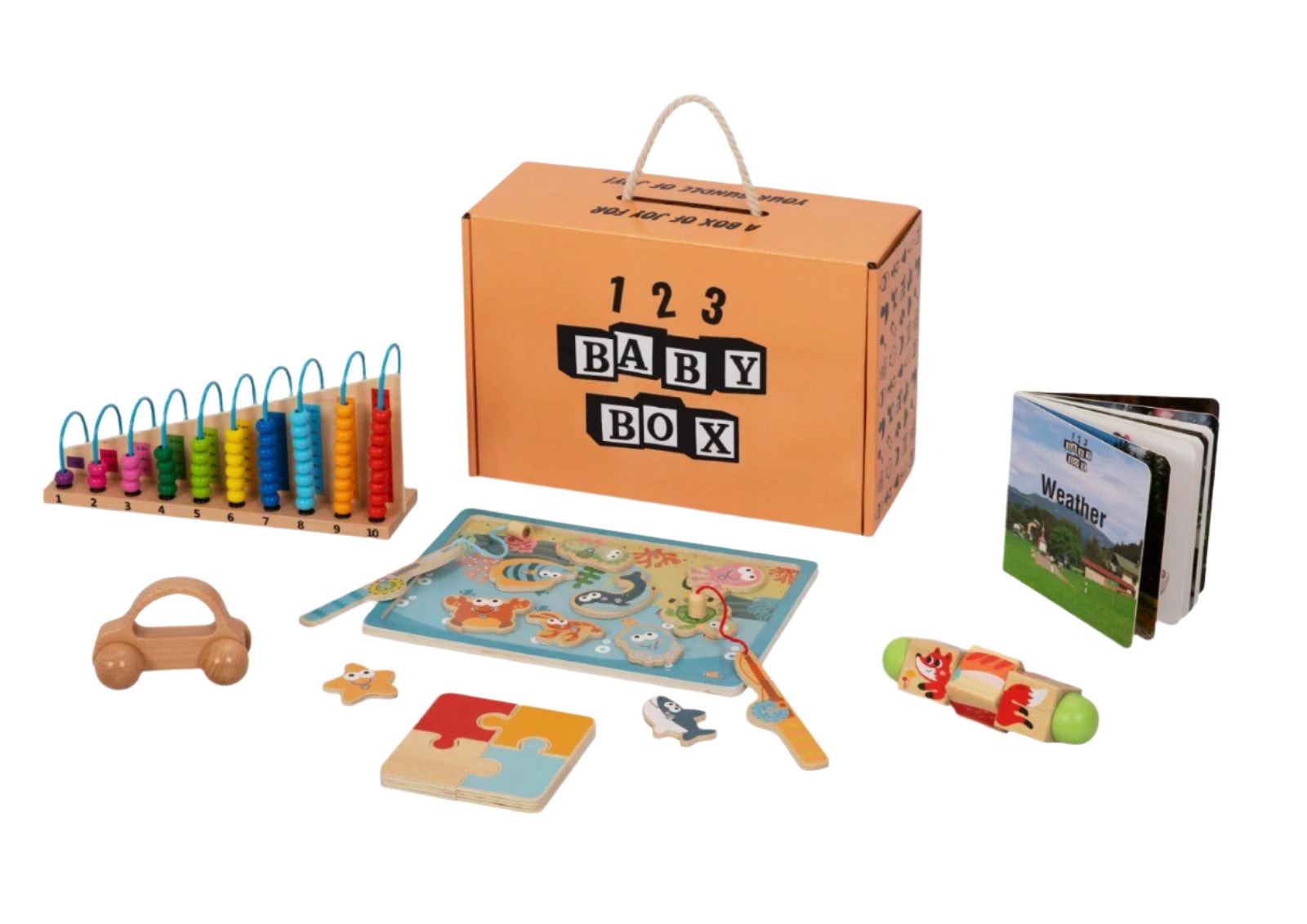 Montessori educational box with fishing game, wooden car, puzzle, weather book, abacus, and twisting cube for toddlers aged 25-27 months