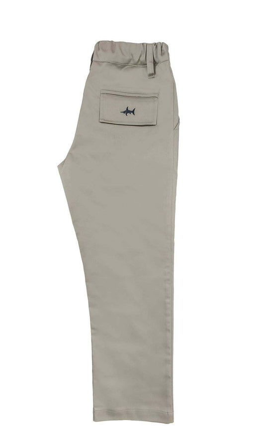 Boys khaki performance pants with marlin embroidery and elastic waist.