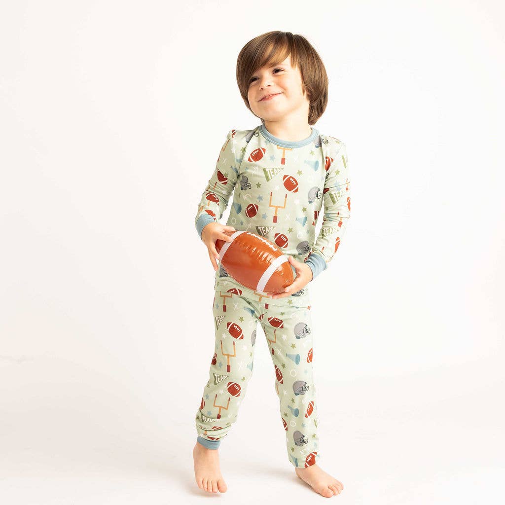 Football game day boys two-piece bamboo pajama set front view