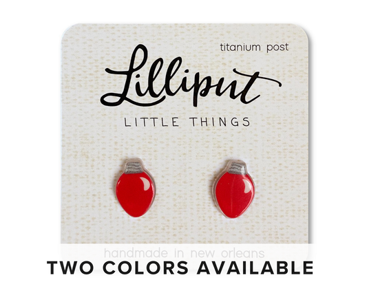 Lilliput Little Things Christmas bulb stud earrings with hypoallergenic titanium posts and vibrant waterproof print