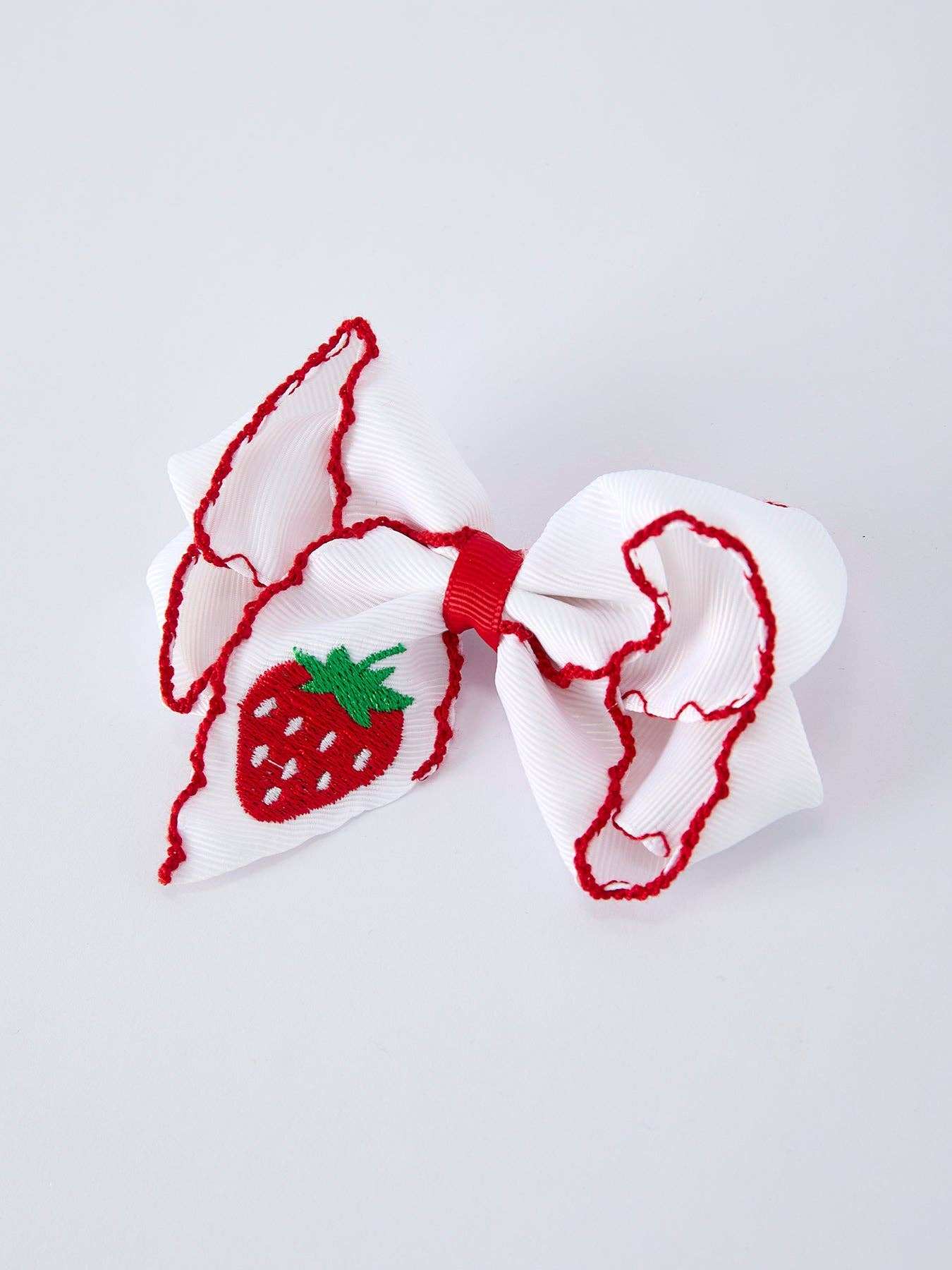 Strawberry embroidered white hair bow, additional view