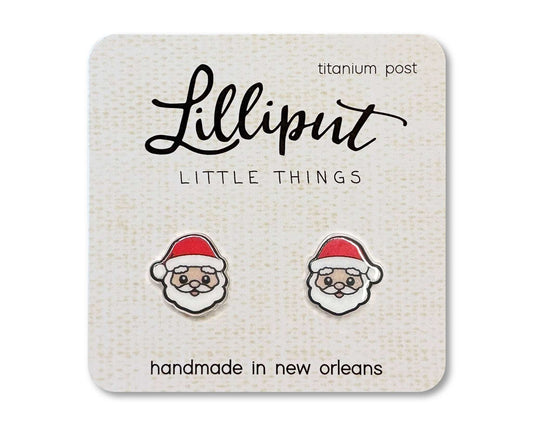 Lilliput Little Things handmade Santa Claus Christmas earrings with hypoallergenic titanium posts and waterproof, fade-proof print