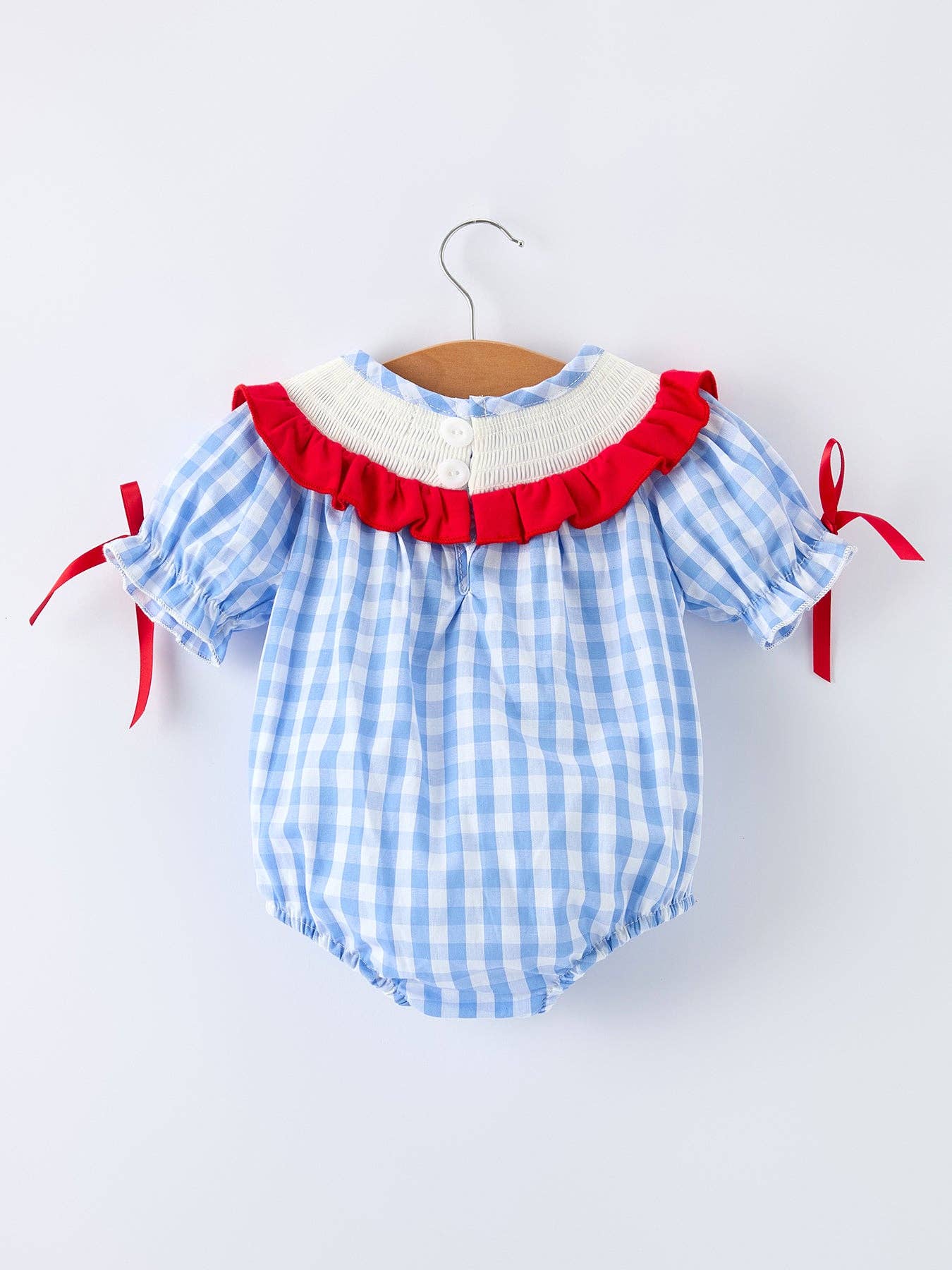 Rylee Faith Designs - Baby Girls Summer Strawberry Bow Embroidered Smocked Romper