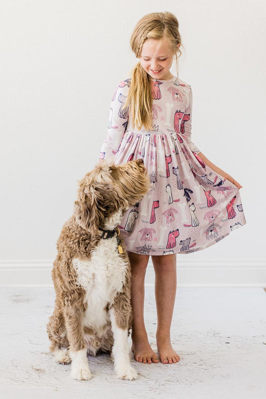 Puppy Party 3/4 Sleeve Pocket Twirl Dress