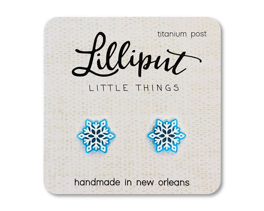 Lilliput Little Things snowflake earrings with hypoallergenic titanium posts, waterproof and fade-proof novelty studs.