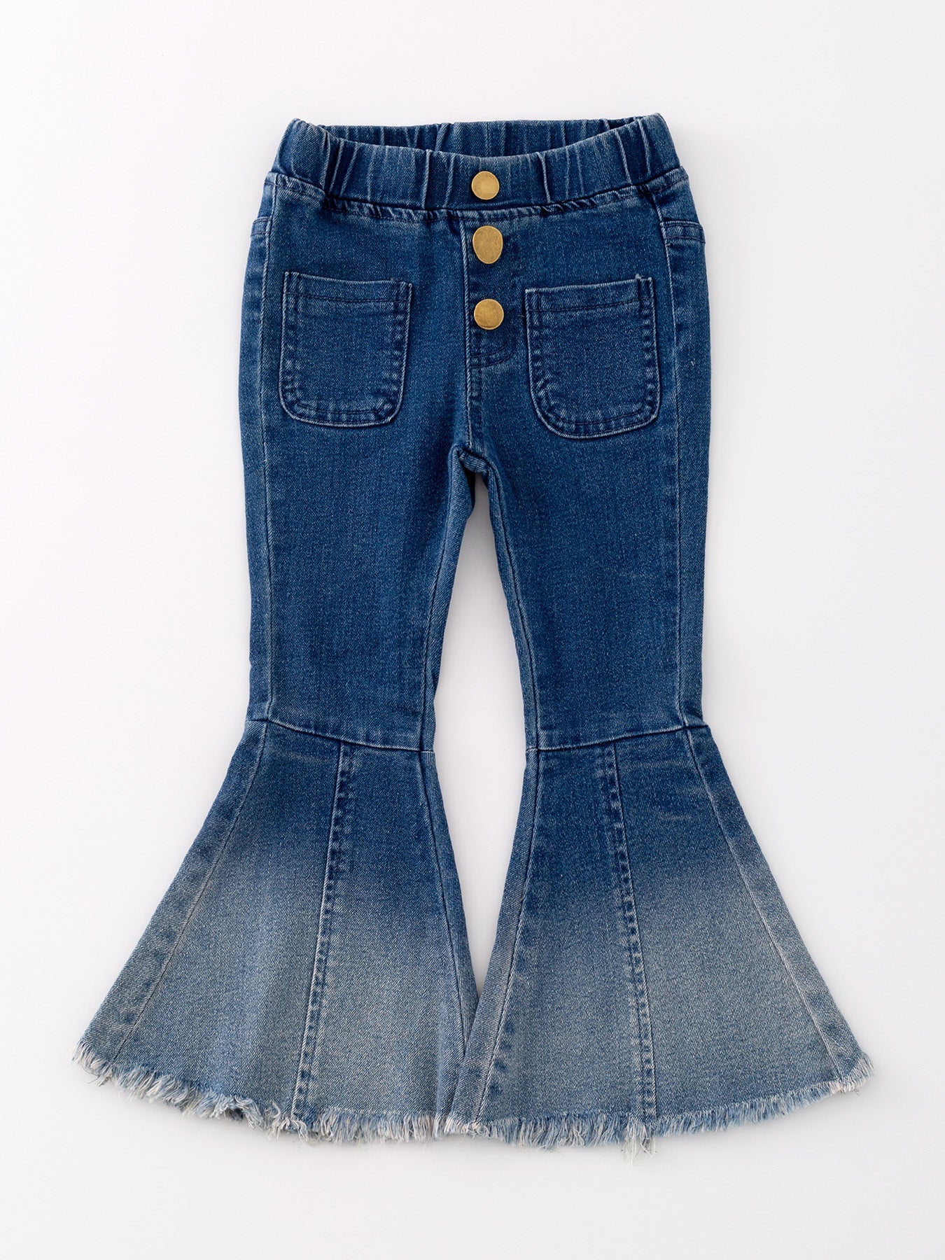 Deep blue spray dye bell-bottom denim jeans front view