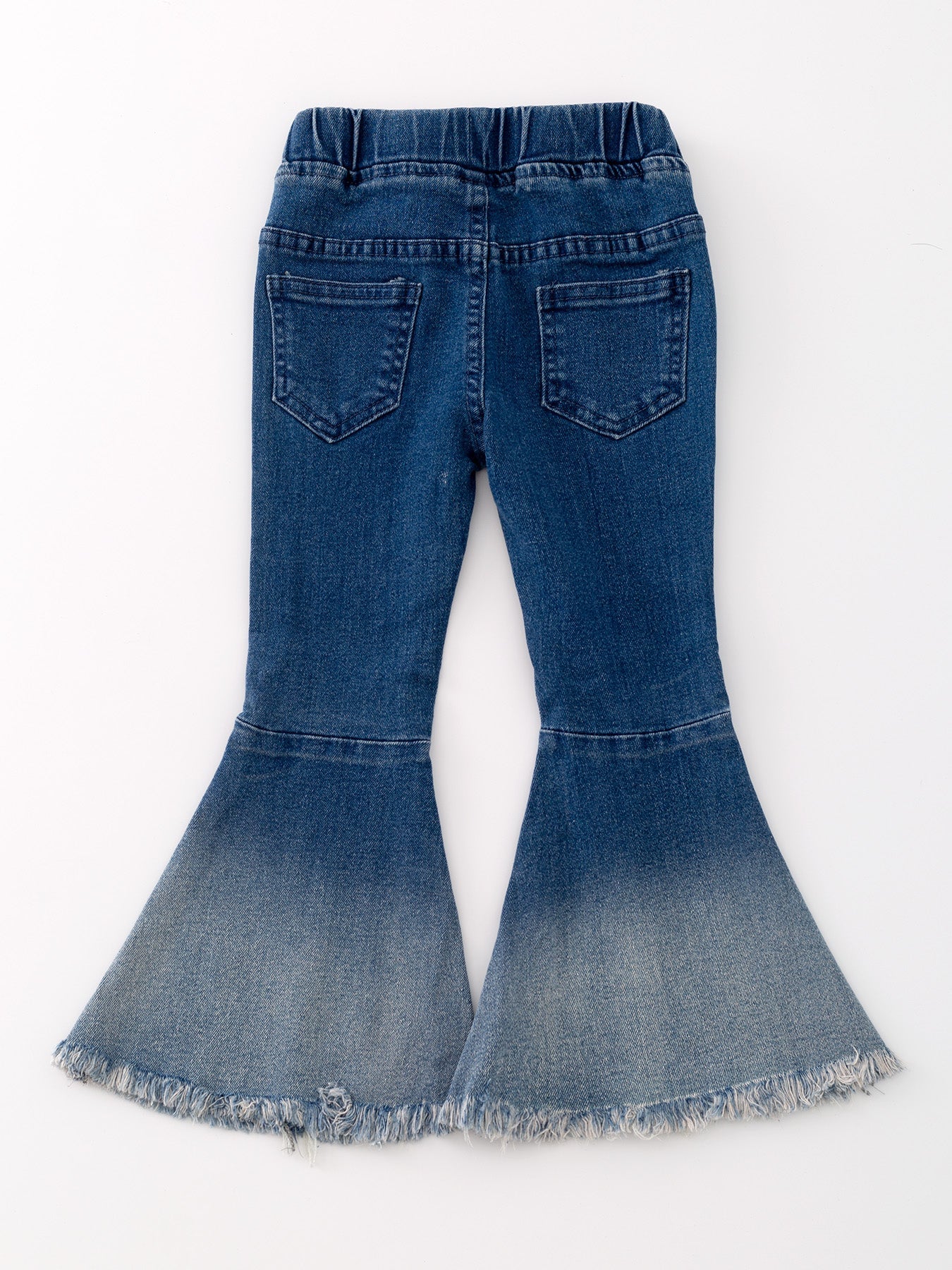 Deep blue bell-bottom jeans side view