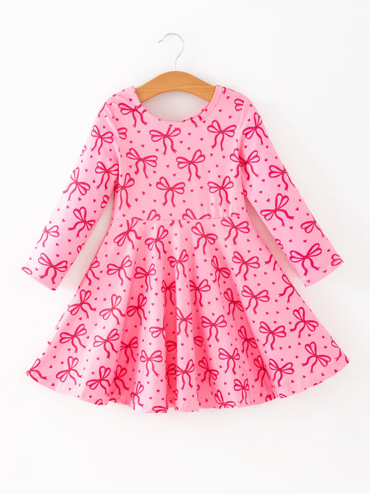 Toddler Girls Valentine’s Day Pink Bow Print Dress