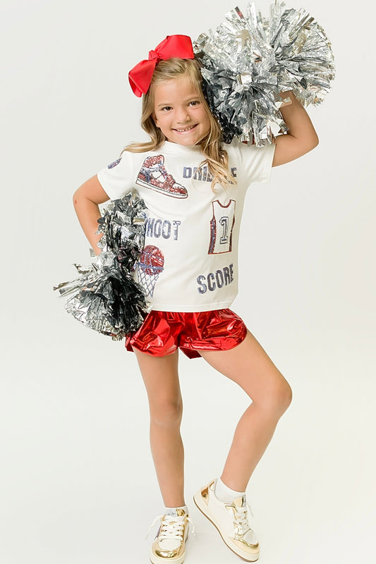 Red and Light Blue Basketball Shirt worn by smiling child with pom poms and red bow