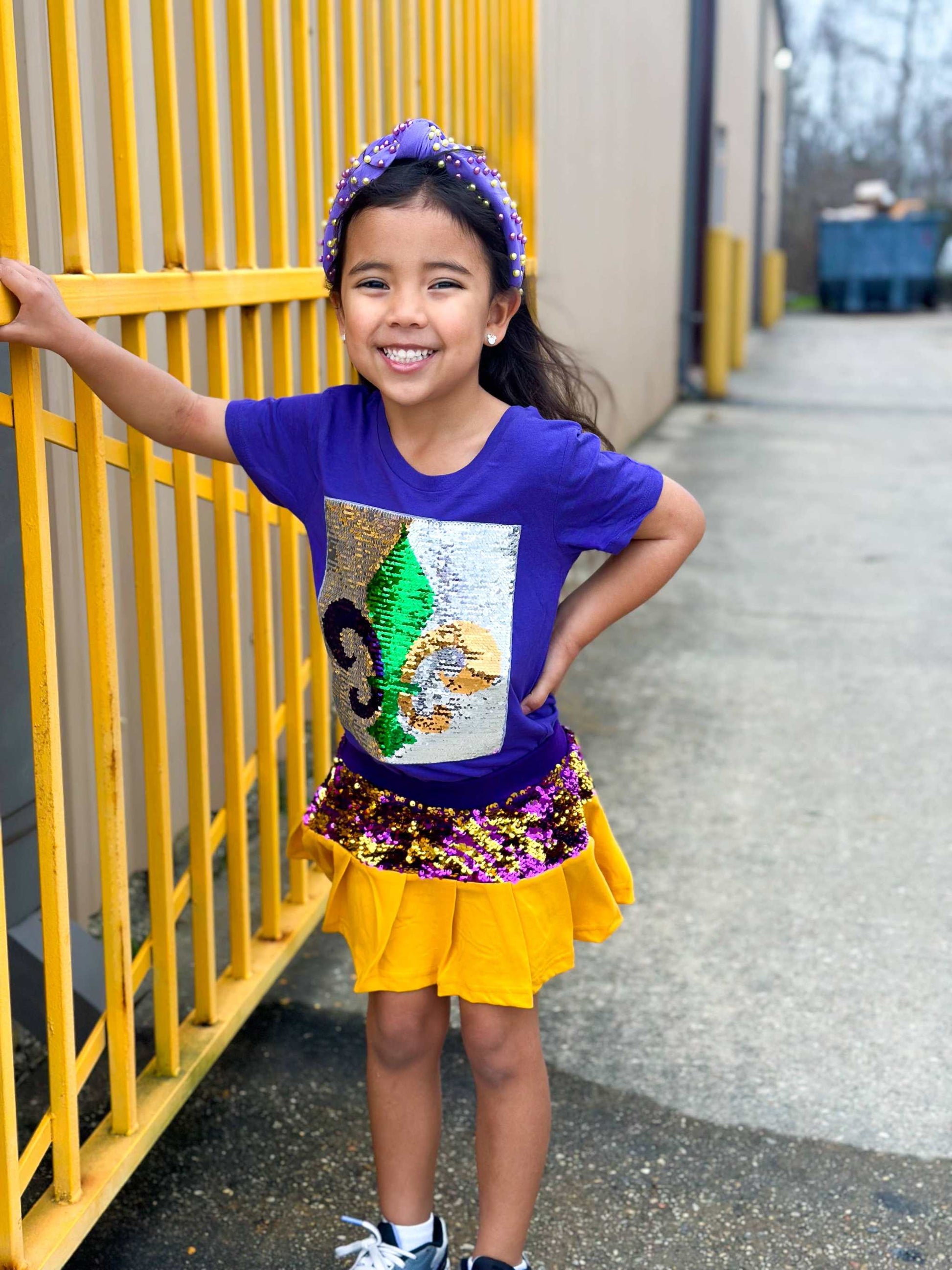 Mardi Gras Creations purple and gold youth skort with sequins, ideal for game day.