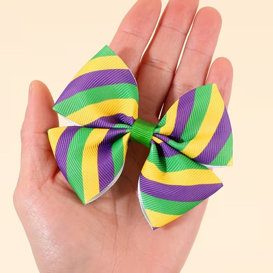 2pc Mardi Gras Hair Bow Clips – Green, Yellow & Purple Stripe