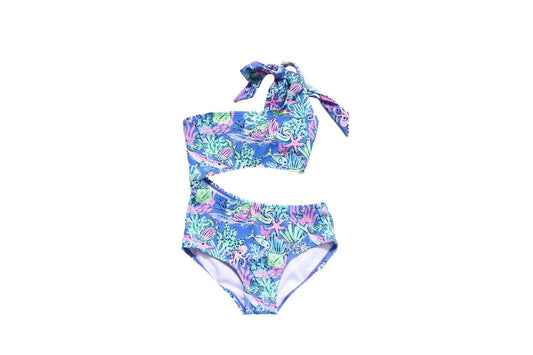 Blueberry Bay Bermuda Urchin one piece swimsuit with ocean-themed pattern.