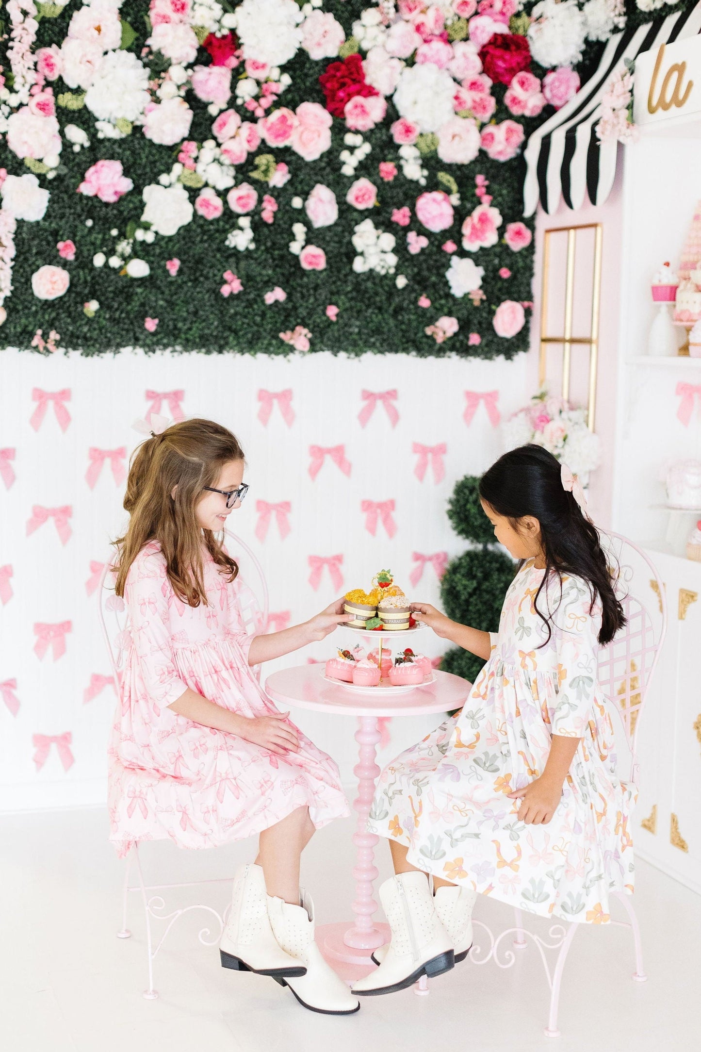 Blushing Bows 3/4 Sleeve Pocket Twirl Dress