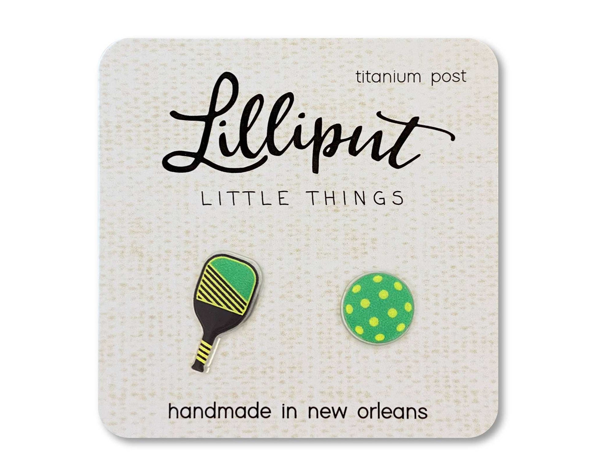 Lilliput Little Things pickleball-themed hypoallergenic titanium post earrings with vibrant, fade-proof, waterproof print on clear acrylic.