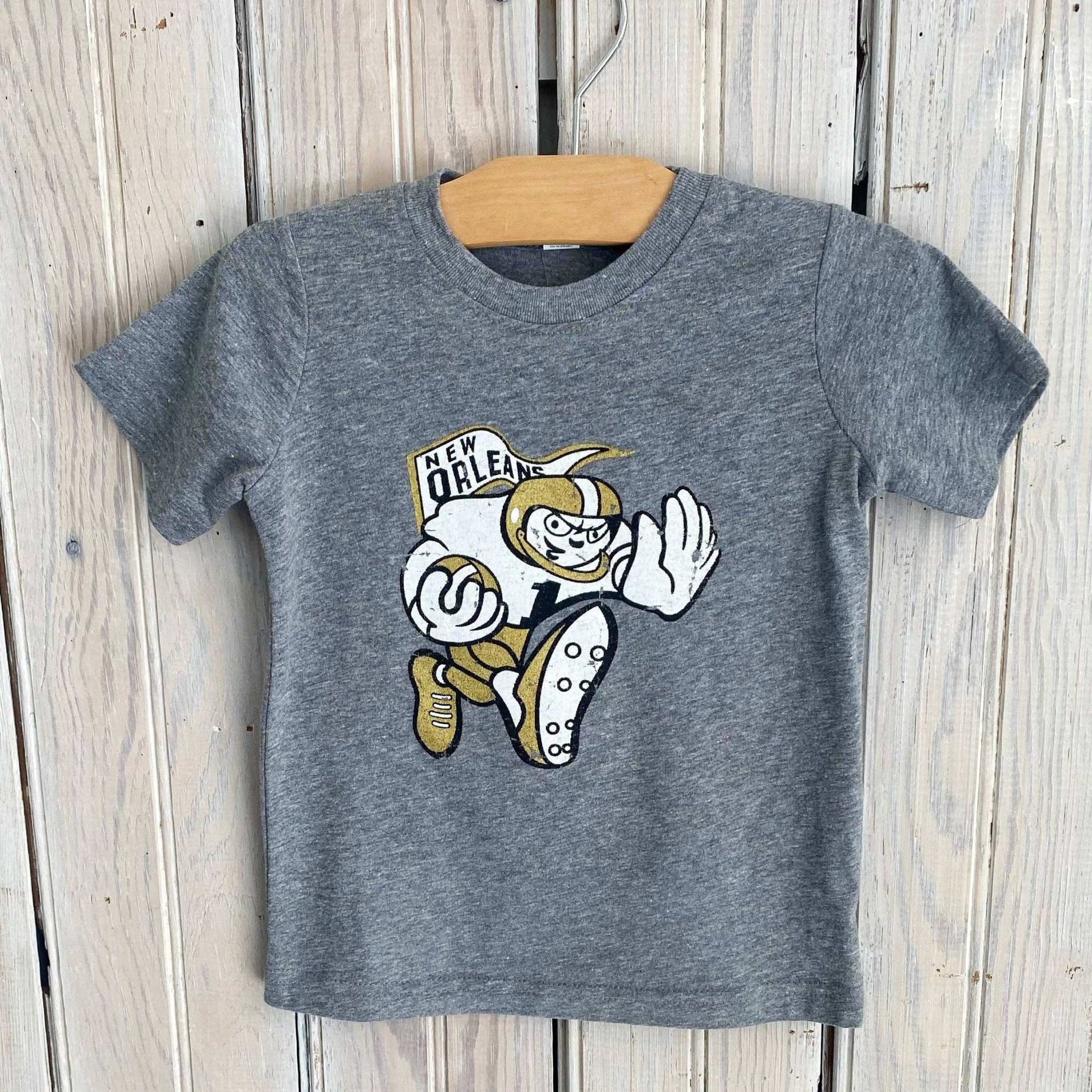 Nolaverse Retro Player Kids Tee in grey showing vintage team design.