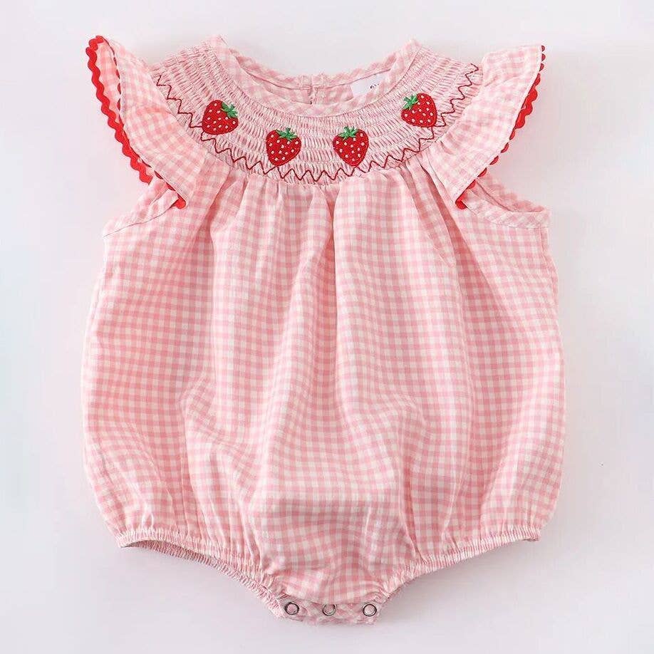 Rylee Faith Designs - Baby Girls Strawberry Plaid Smocked Romper
