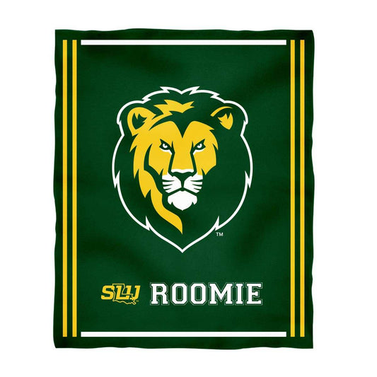 Green Vive La Fete Southeastern Louisiana Lions plush soft minky blanket with lion mascot and Roomie text