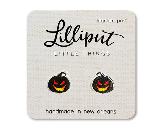 Lilliput Little Things Halloween jack o' lantern stud earrings with hypoallergenic titanium posts, waterproof and fade-proof design