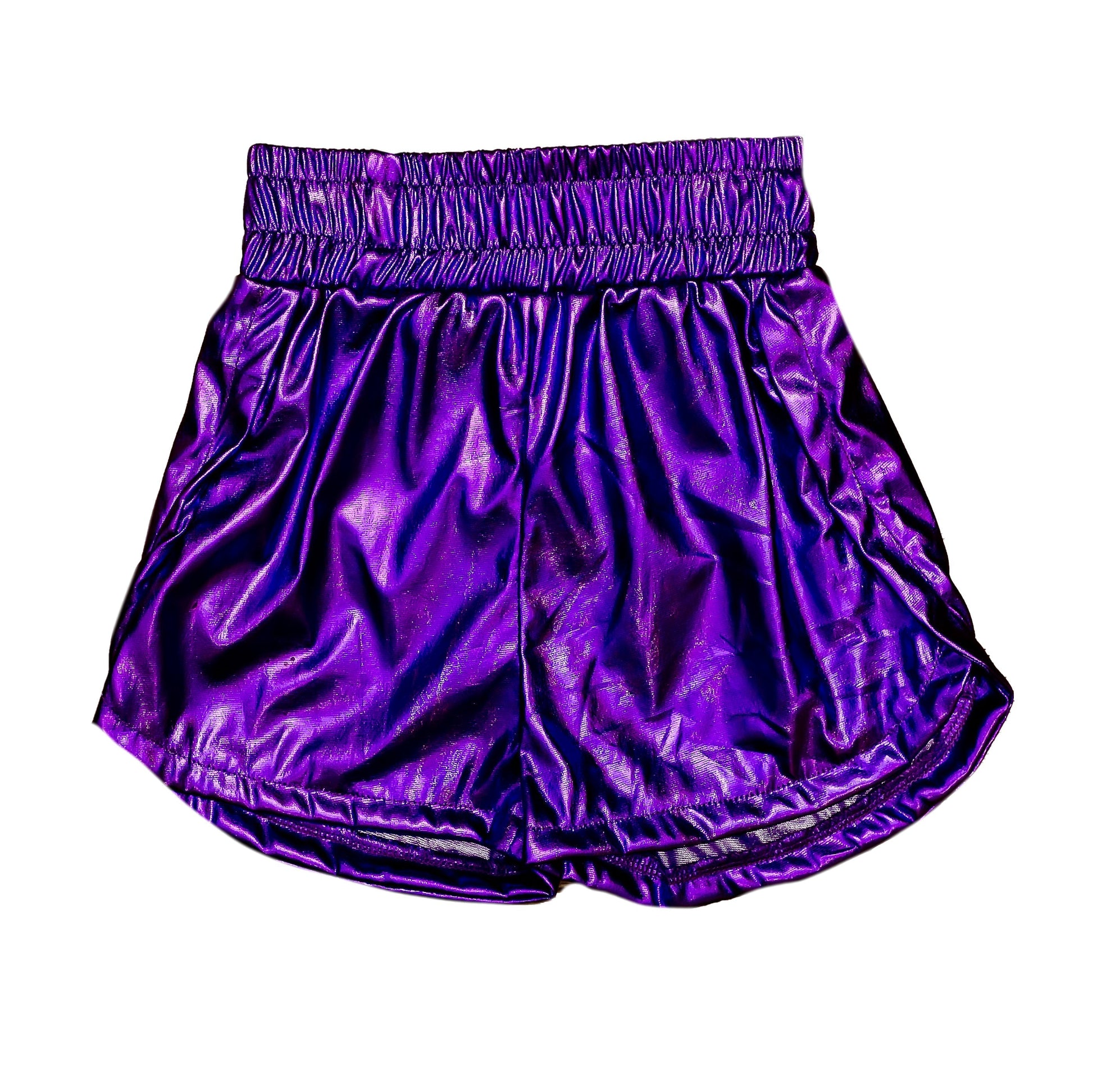 Purple metallic kid shorts with elastic waistband and shiny finish