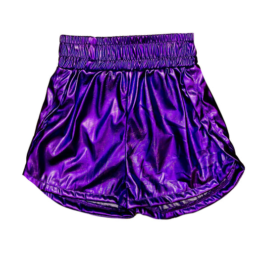 Purple metallic kid shorts with elastic waistband and shiny finish