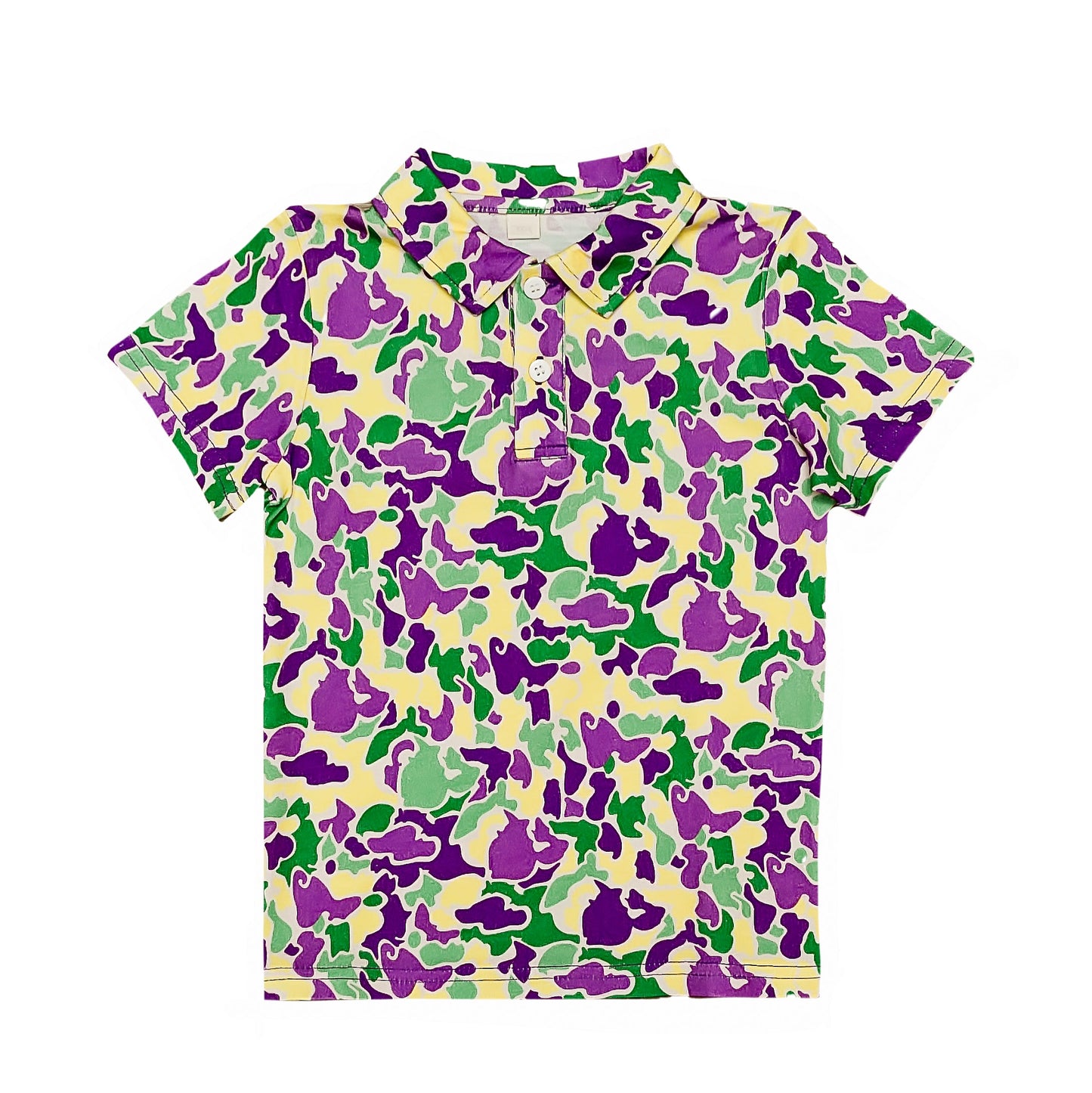Mardi Gras camo kid polo front view
