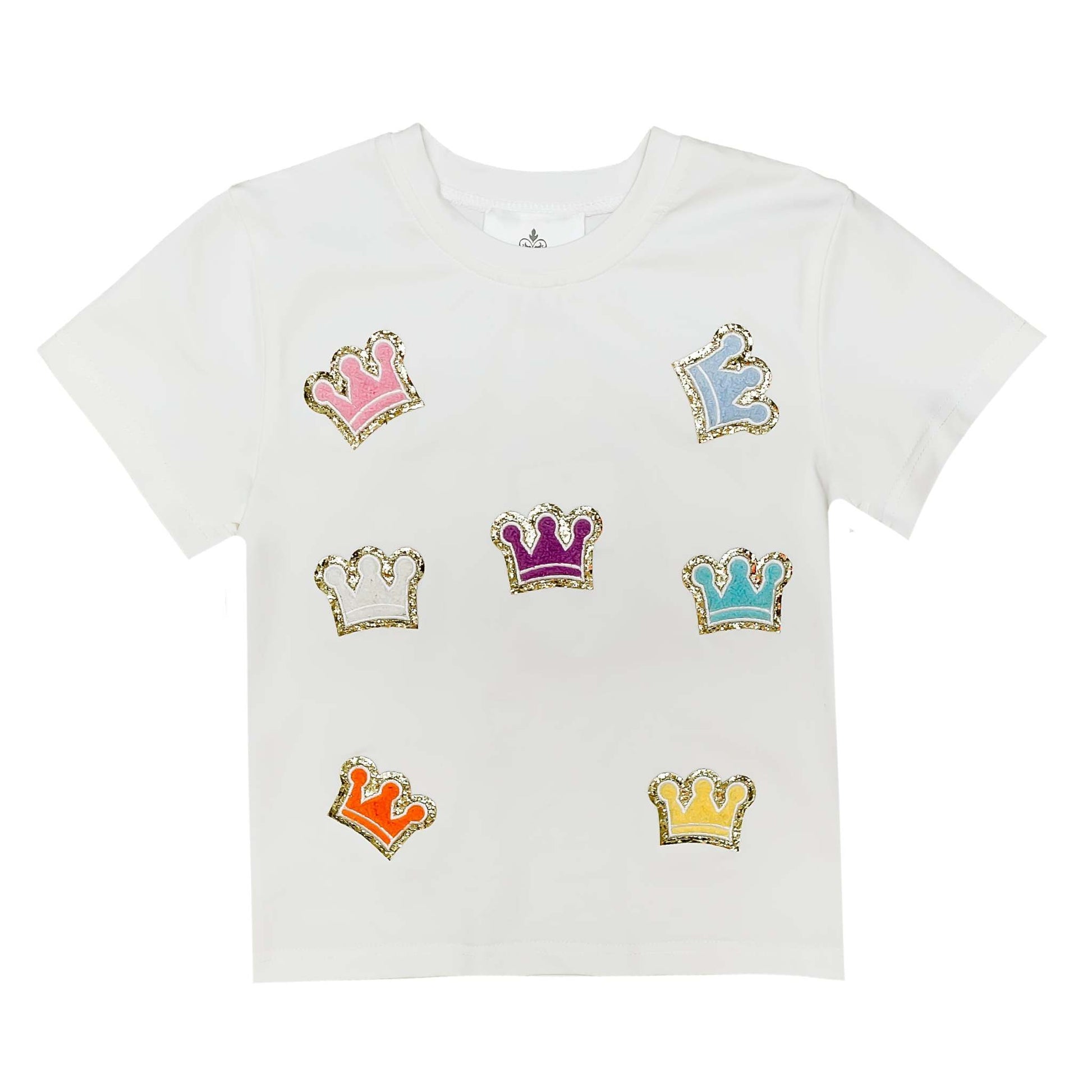 White Crown Chenille Kid Shirt with colorful chenille crown appliques for kids