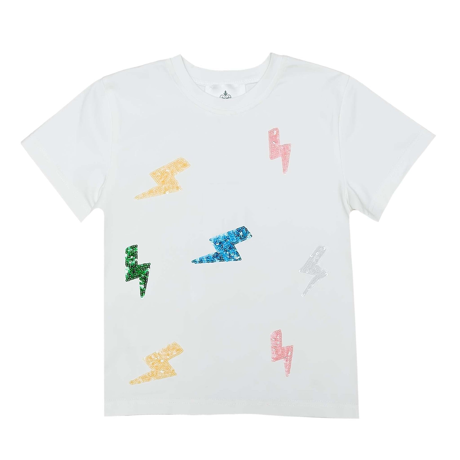 White kid shirt with colorful lightning bolt sequin designs