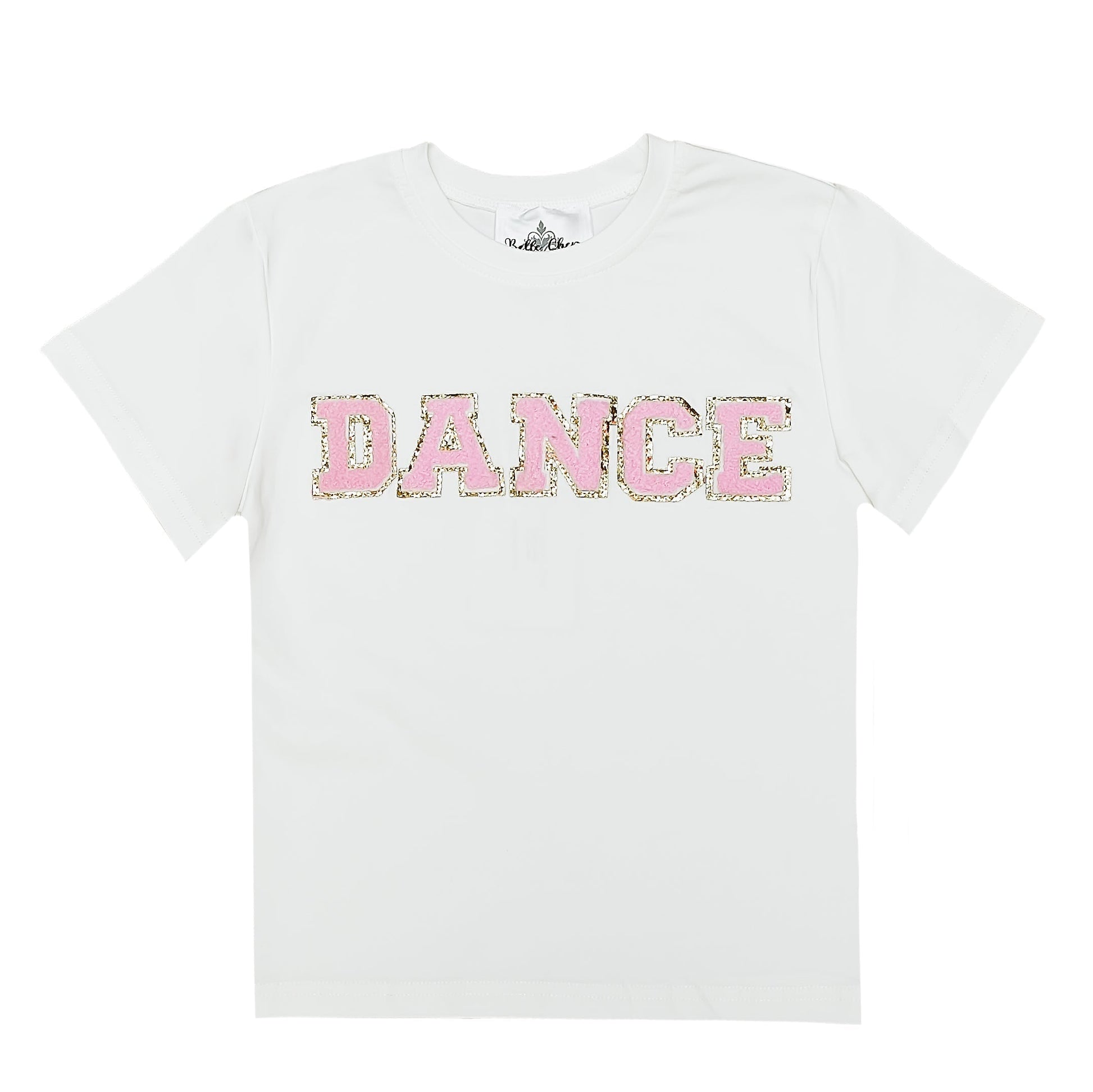 White Dance Chenille Kid Shirt with pink chenille letters spelling DANCE on front