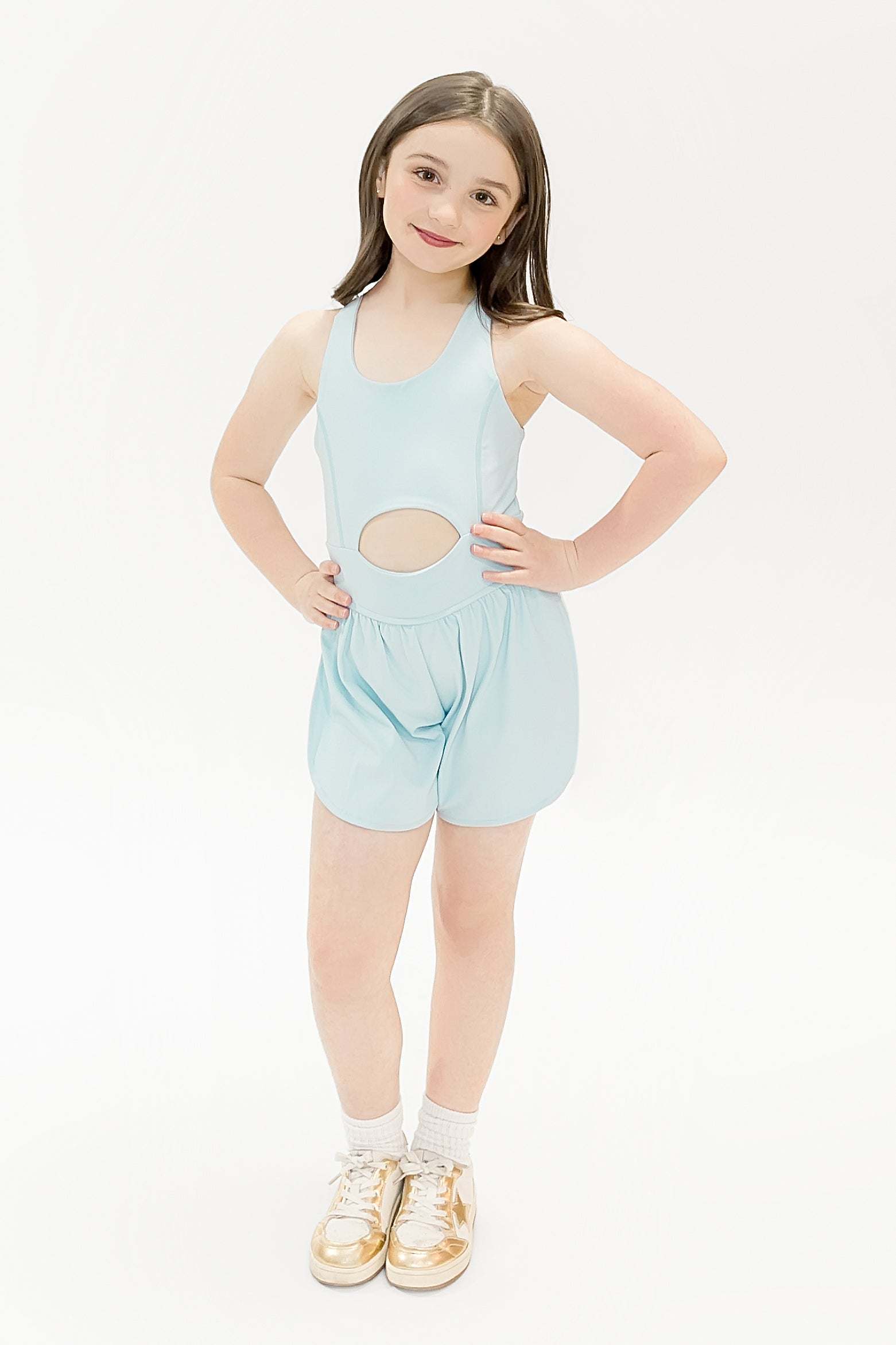 Haddie romper in blue for girls, front view