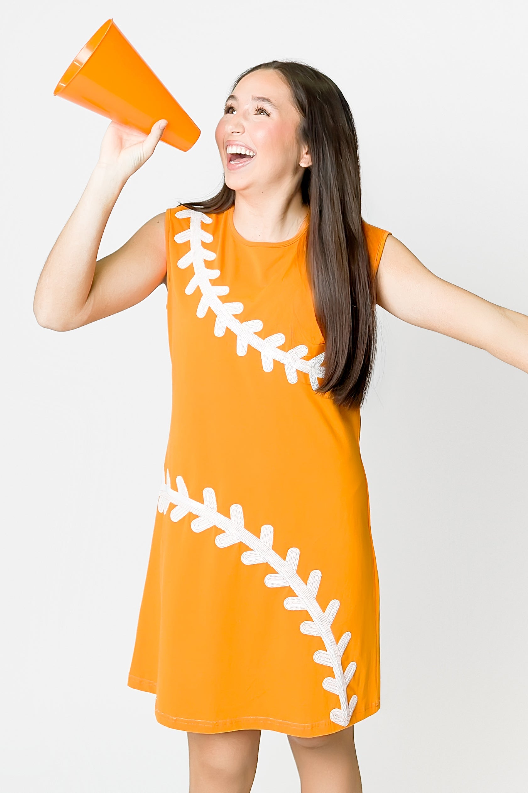 Baseball orange girls dress, front view