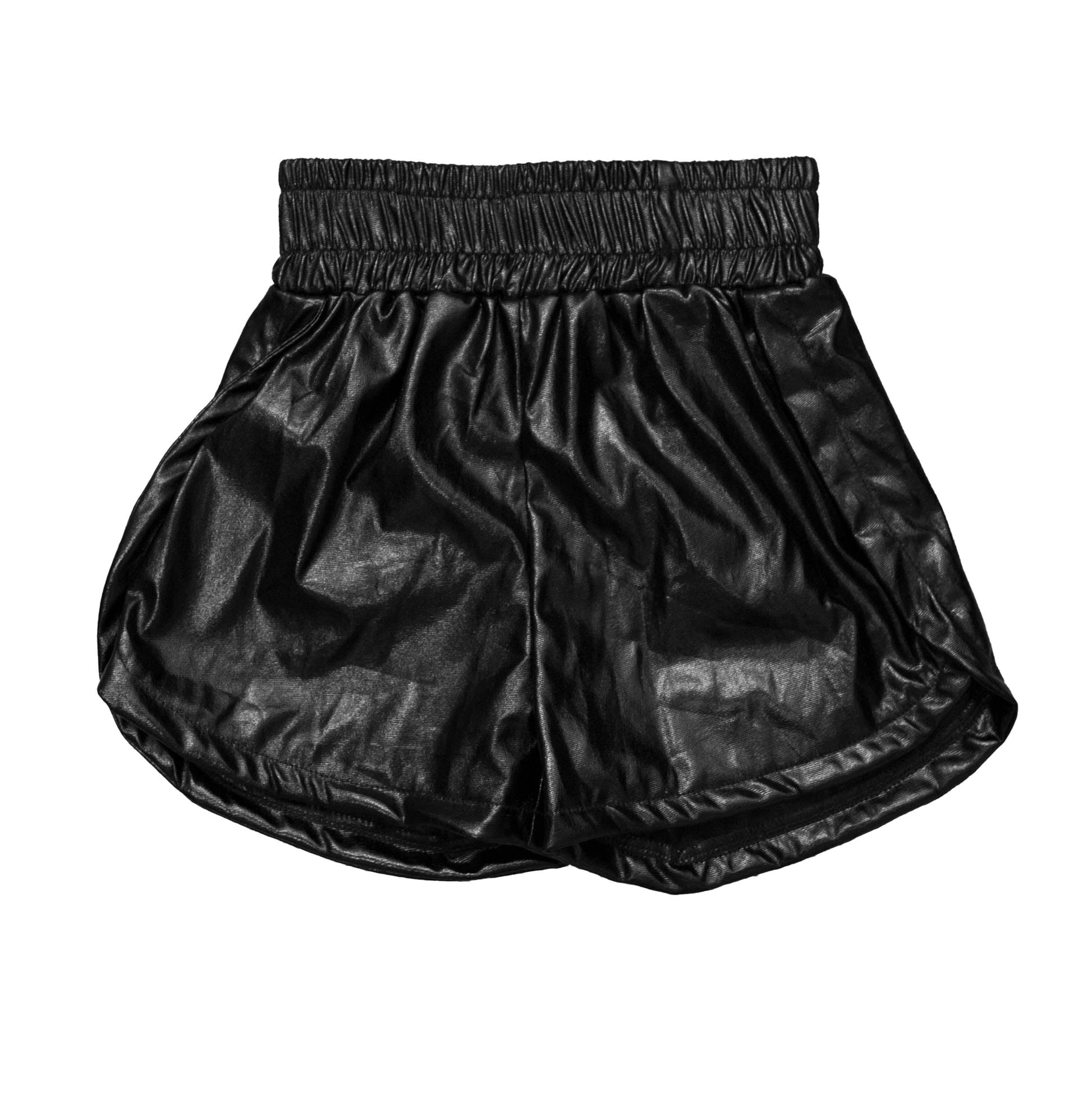 Black metallic kid shorts with a shimmering finish and comfortable fit for parties and festivals