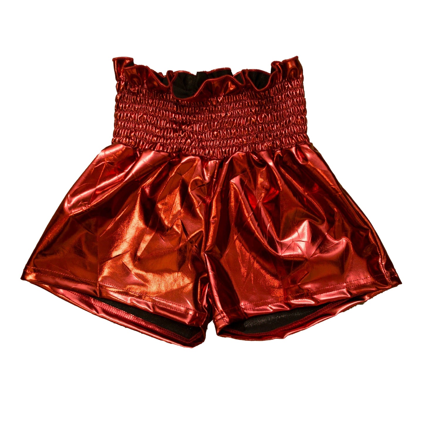 Maroon metallic swing shorts with shiny finish and elastic waistband