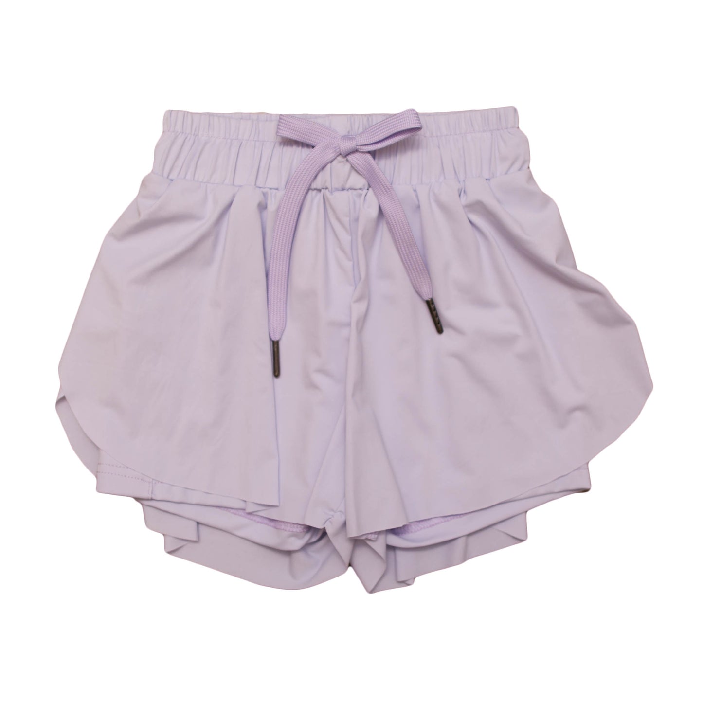 Lavender butterfly shorts for kids with elastic waistband and drawstring closure