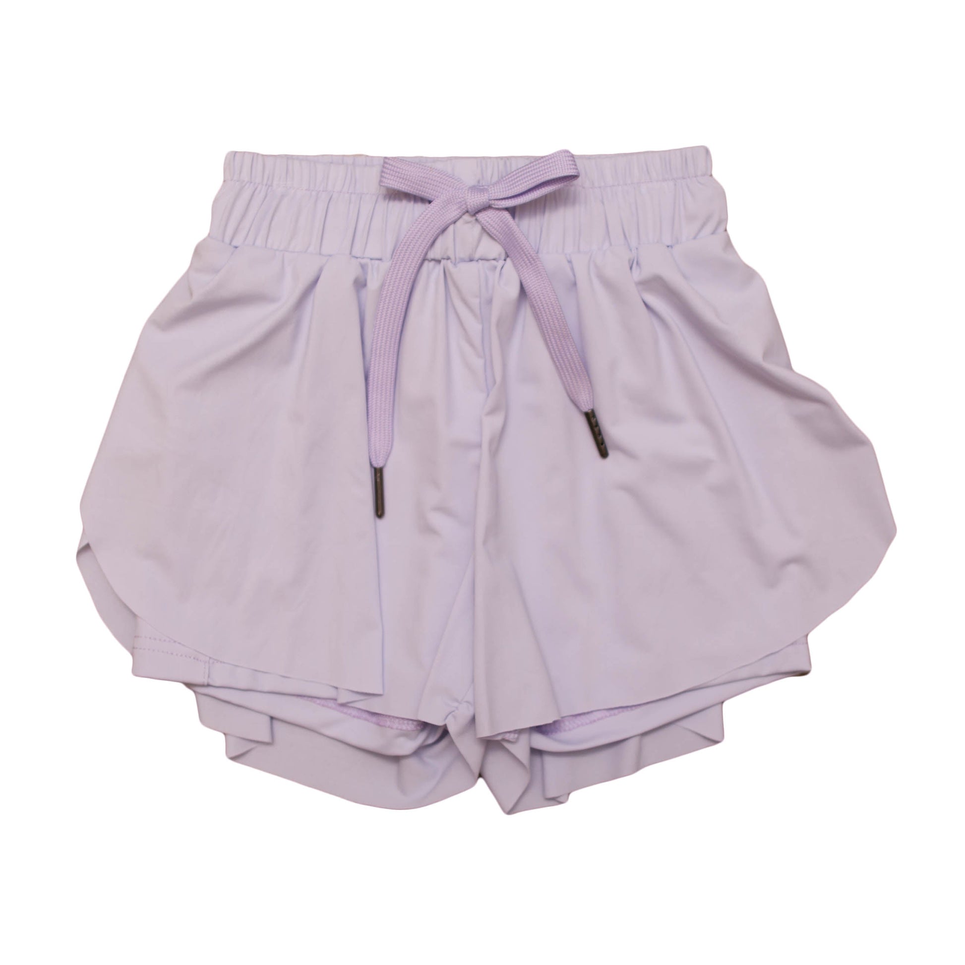 Lavender butterfly shorts for kids with elastic waistband and drawstring closure