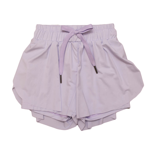Lavender butterfly shorts for kids with elastic waistband and drawstring closure