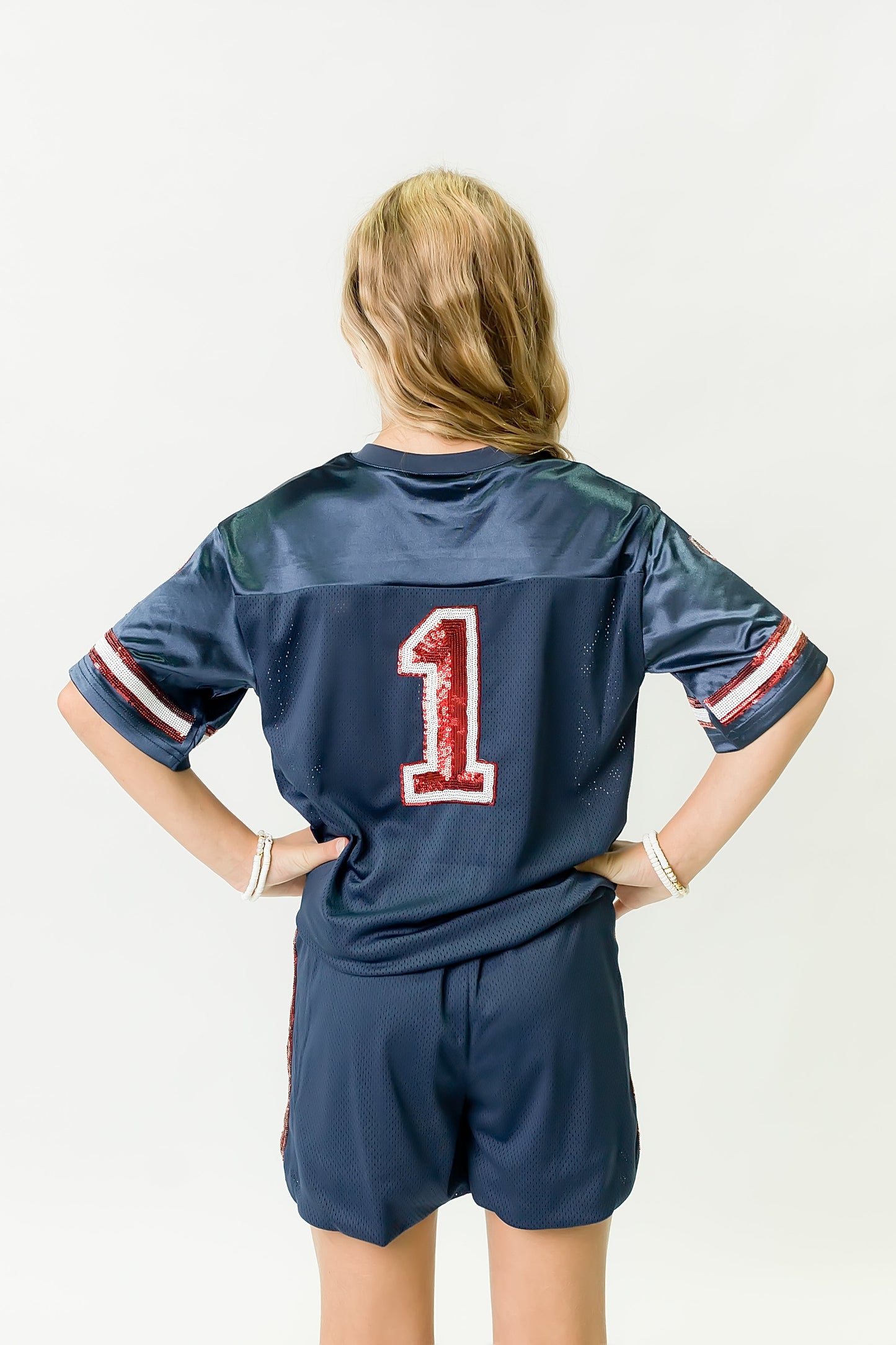 Navy Blue and Red Sequin Jersey