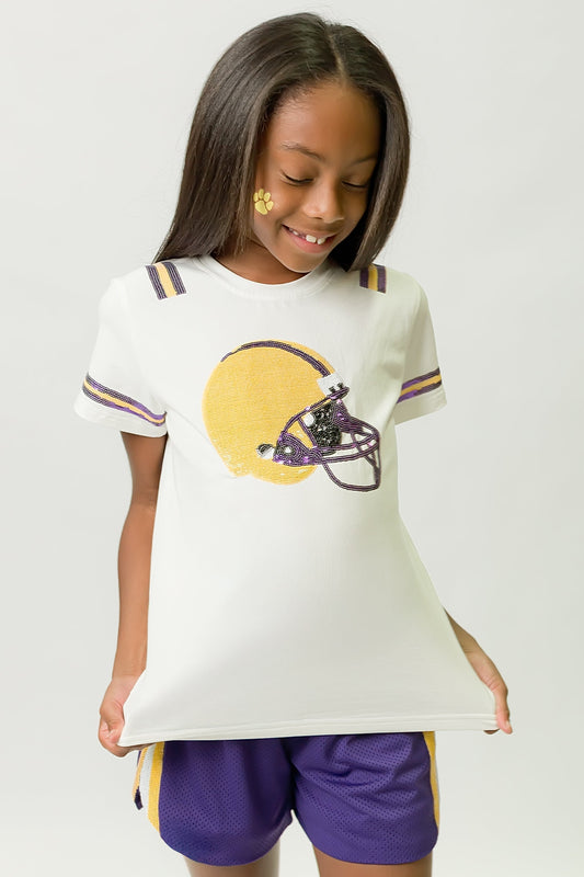 Girl wearing a Purple and Yellow Helmet Shirt with matching shorts and playful face paint