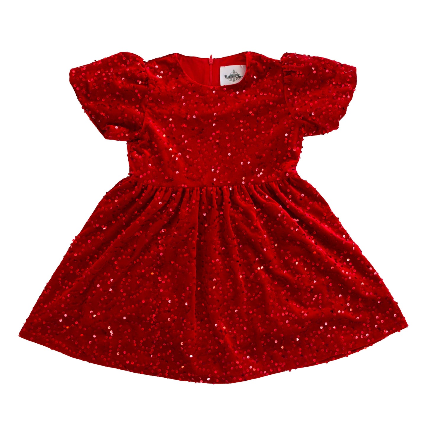 Girls Red Velvet Sequin Dress | Sparkly Christmas Party Dress with Puff Sleeves