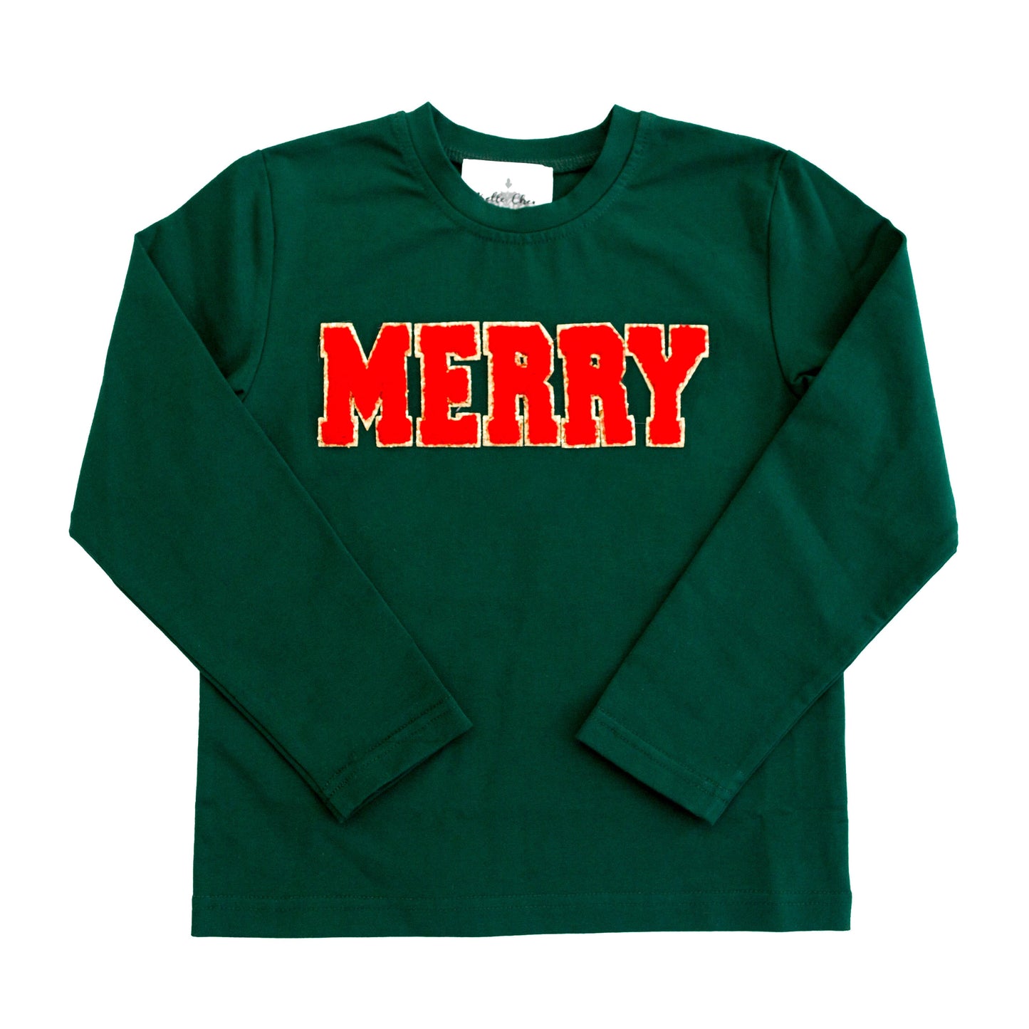 Girls Green Merry Chenille Shirt | Festive Christmas Long Sleeve Top with Red Lettering